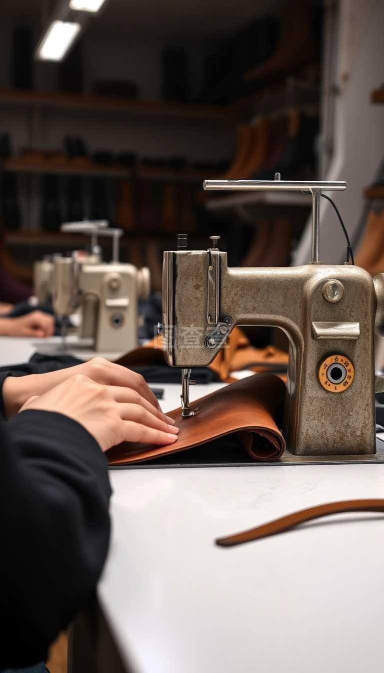 在一個(gè)皮革車間里,縫紉機(jī)正在用手操作鞋子的皮革細(xì)節(jié)。